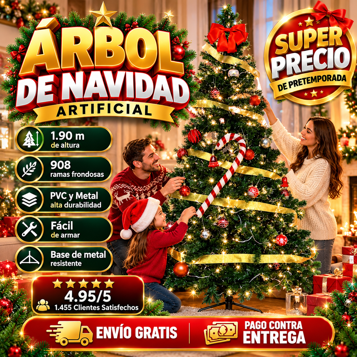 🎄 Árbol de Navidad 1,90 m — ¡La Magia Comienza en Casa! 908 Ramas 🎄Frondoso