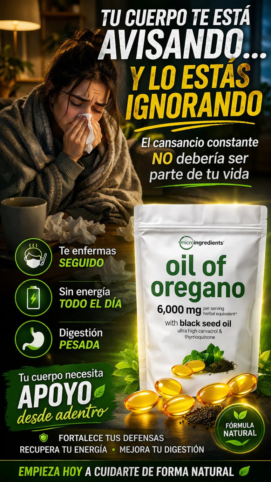 🌿 Aceite de Orégano + Semilla Negra | 90 Cápsulas | 6.000 mg por Porción | Carvacrol + Timol + Timoquinona 🇺🇸