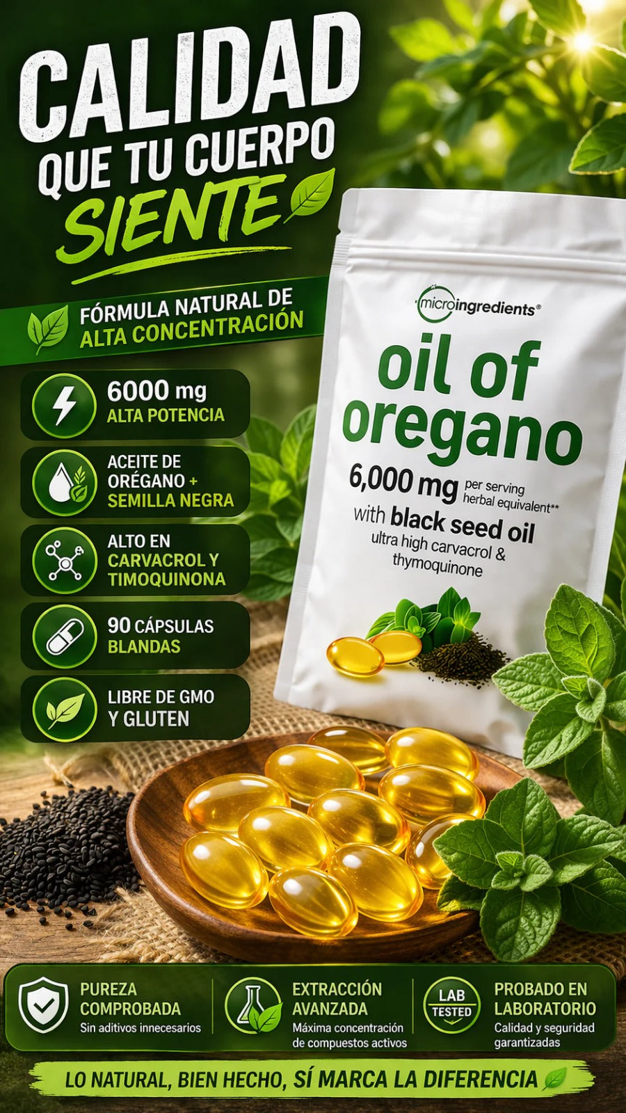 🌿 Aceite de Orégano + Semilla Negra | 90 Cápsulas | 6.000 mg por Porción | Carvacrol + Timol + Timoquinona 🇺🇸